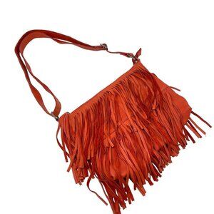 Cut n' Paste Fringe Orange Leather Purse Adjustable Strap Boho Slouchy